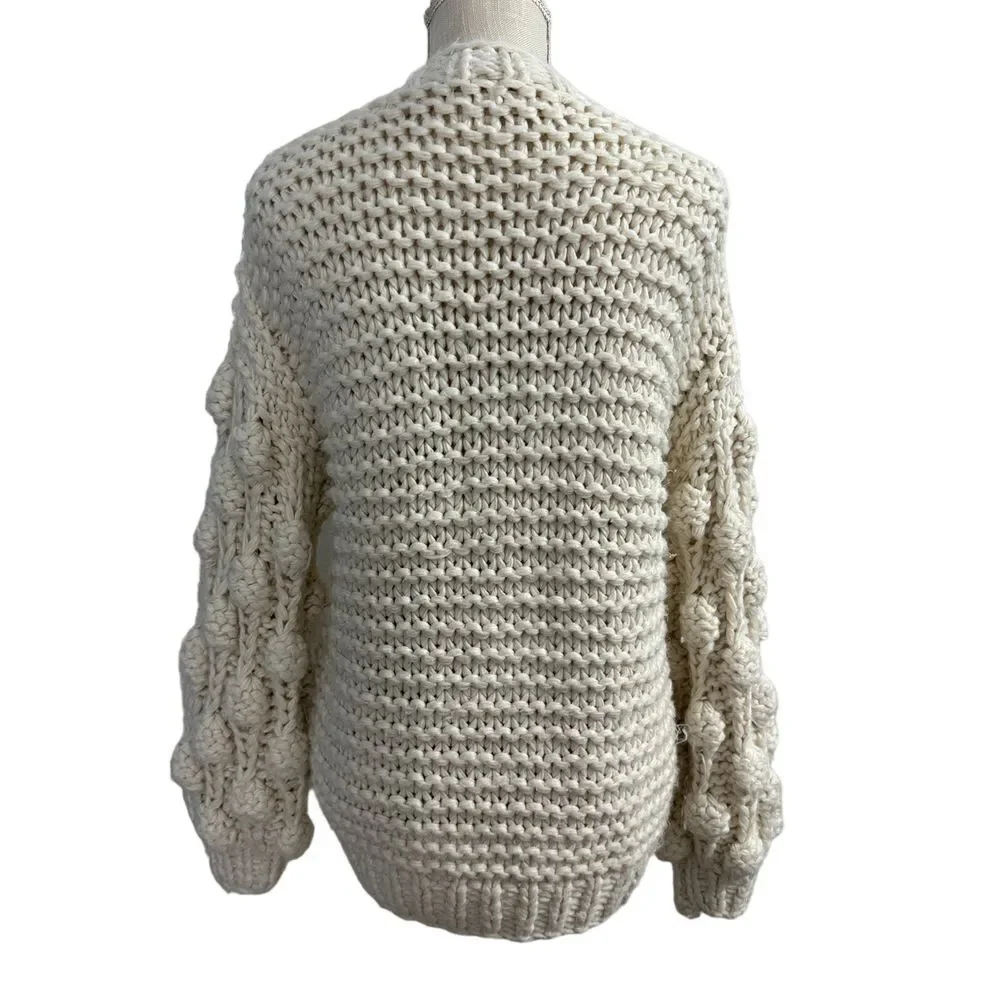 Adora Pom‎ Pom Sleeve Cardigan Womens One Size Cream Chunky Knit Open Front Boho